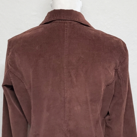 Vintage 90s SJB Brown Corduroy Long Hem Notched Collar Plunging Neckline Blazer - Picture 10 of 12